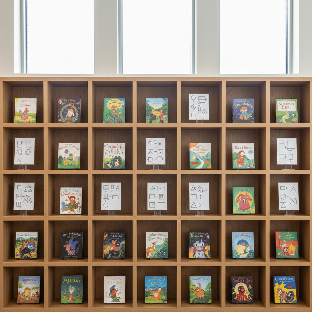 A long, built-in classroom bookshelf styled like a modern gallery wall, each cubby holding a single featured children’s book displayed face-out, covers rich with detailed illustration and no legible text. Between the books, slim acrylic stands present small, neatly printed visual prompts and story-mapping diagrams as abstract icons and shapes. Soft, indirect daylight filters from high windows, creating a serene, scholarly mood. Photographic realism with a straight-on, eye-level composition keeps lines clean and parallel, emphasizing order and curation. The overall atmosphere is sophisticated yet inviting, clearly focused on elevating children’s literature and visual planning resources without feeling stock-heavy or cluttered.