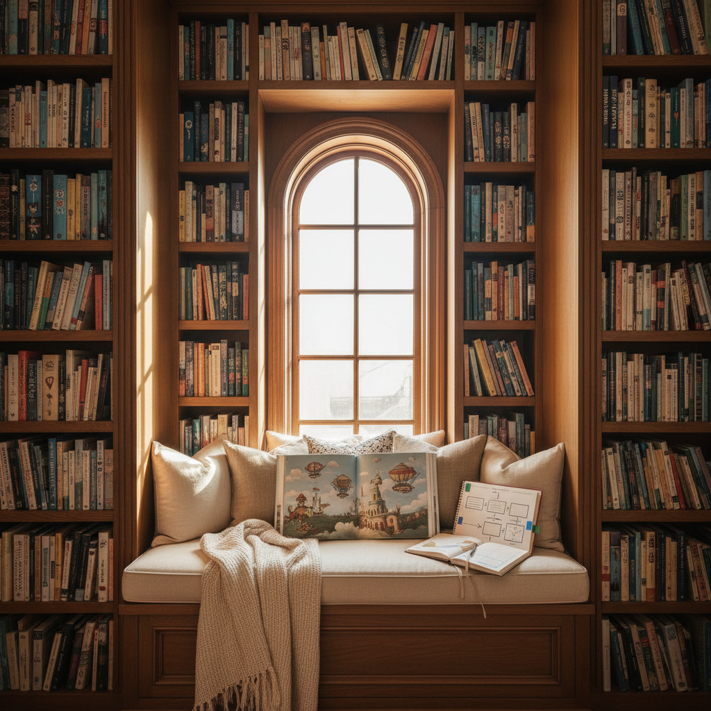 An elegant reading nook built into a wall of floor-to-ceiling bookshelves, filled with hardback children’s books whose spines display varied colors and subtle, text-free symbols. A plush window seat holds an open picture book, revealed pages showing detailed, imaginative illustrations. Next to it lies a slim notebook with a tidy visual lesson plan diagram and color-coded sticky tabs, all clean and uncluttered. Golden hour sunlight streams through a tall window, creating warm highlights on the fabric and shelves. Photographic realism, shot from a slightly elevated angle with balanced composition, evokes a sophisticated, contemplative mood focused on learning beyond the final page.