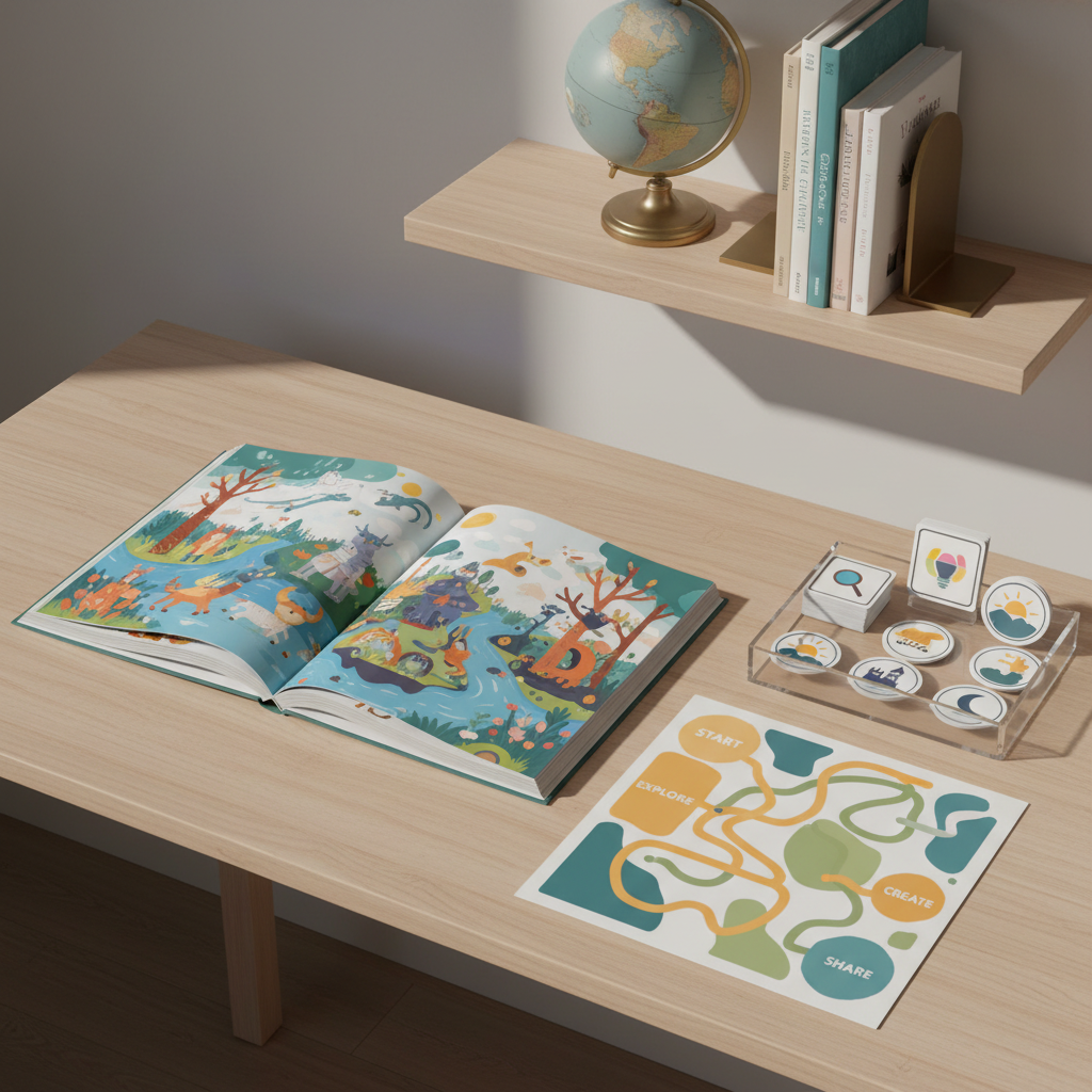 A minimalist teacher’s desk in photographic realism, topped with a single open children’s picture book, its glossy pages filled with whimsical characters and landscapes, but no readable text. Beside it rests a clear acrylic tray holding neatly arranged visual planning cards, story sequence icons, and a folded map-like unit plan with bold, simple shapes. A muted globe and a pair of classic bookends support a row of curated titles in the background. Soft studio lighting from the left creates refined highlights and gentle shadows, giving the scene a calm, organized, sophisticated atmosphere. Captured from a slightly overhead angle, the composition is clean and uncluttered, perfect for illustrating creative teaching ideas.