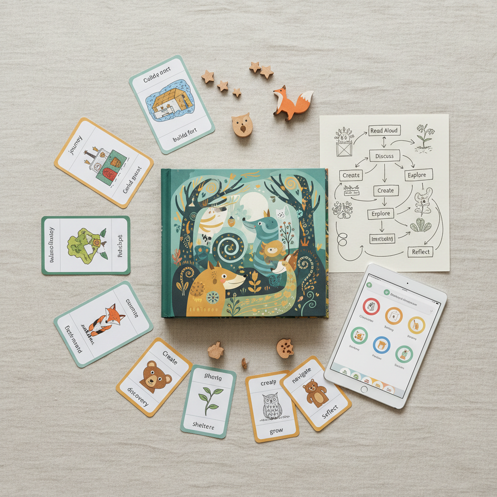A beautifully curated flat lay of a thematic children’s book study on a pale linen backdrop. At the center lies a hardback picture book with an artful, text-free cover illustration. Radiating outward are laminated activity cards, a hand-sketched lesson flow map, small illustrated vocabulary cards, and a tablet displaying a colorful, icon-based reading response template. Delicate wooden manipulatives shaped like stars and animals add texture without clutter. Diffused overcast light from above creates even, soft illumination with almost no harsh shadows. The photographic, top-down composition emphasizes clarity and readability, conveying a sophisticated, intentional approach to extending stories into meaningful learning experiences.