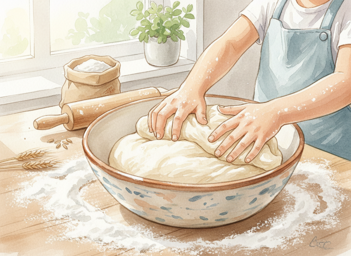 Hands kneading bread dough in a ceramic bowl on a floured wooden surface