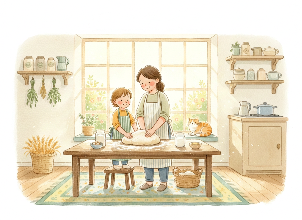 A warm, inviting watercolour-style illustration of a cosy home kitchen. A young child and an adult are baking bread together at a wooden table dusted with flour. Sunlight streams through a window. Warm yellows, creams, and soft greens. Friendly and charming, suitable for a children's book blog.