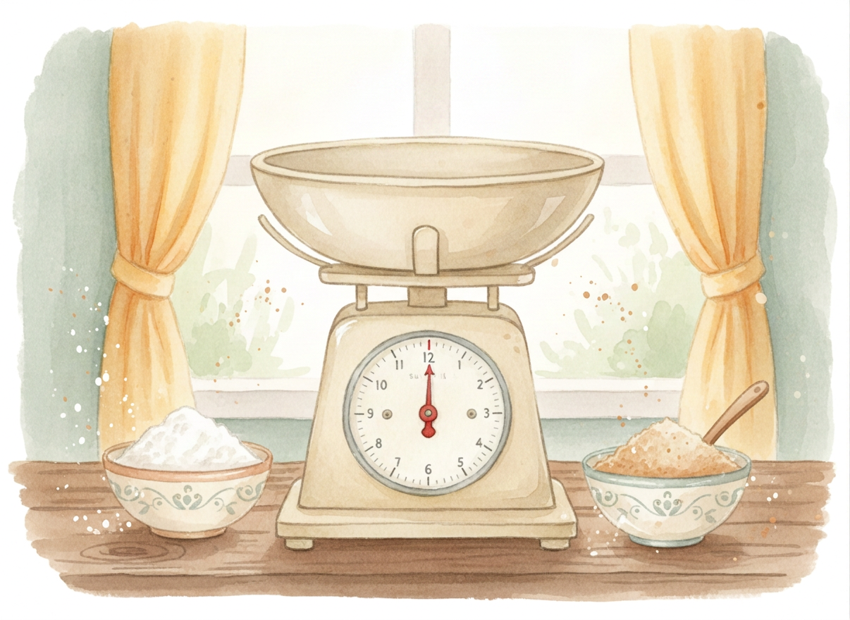 A warm, friendly watercolour-style illustration of vintage kitchen scales on a wooden surface, with small bowls of flour and sugar nearby. Soft, earthy tones. Inviting and homely, suitable for a children's education blog.