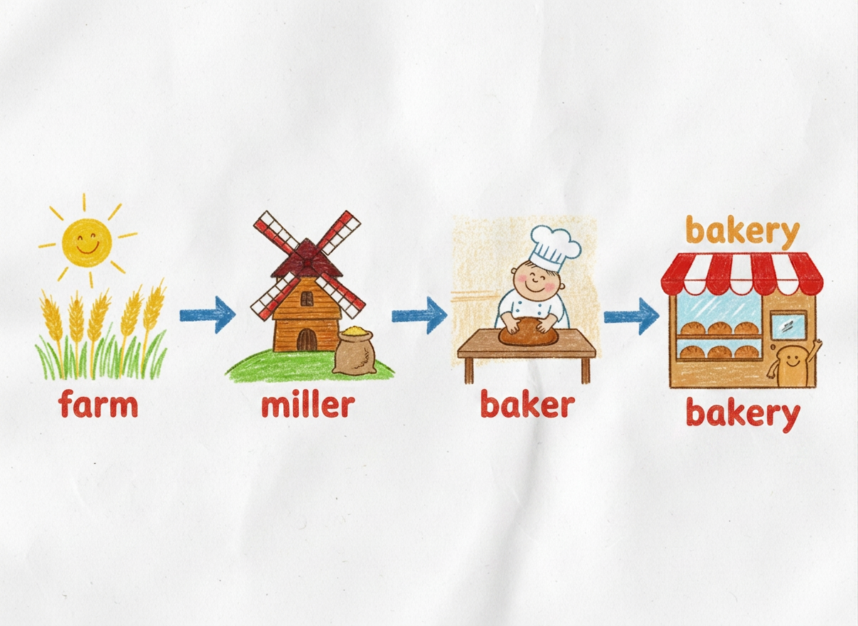 A child's hand-drawn timeline on slightly crumpled white paper, using pencil and coloured crayon. The timeline flows left to right with simple wobbly arrows connecting four scenes: a field with wheat and a smiling sun, a windmill, a baker kneading dough, and a little bakery shop with a striped awning. Each scene has a handwritten lowercase label beneath it in chunky, uneven child's handwriting: 'farm', 'miller', 'baker', 'bakery'. The drawing looks authentically made by a 5-6 year old — slightly wonky, joyful, and full of character. Warm, soft colours.