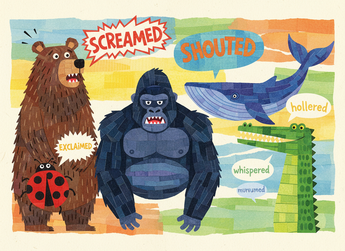 A charming children's educational illustration in Eric Carle's tissue-paper collage style showing expressive animals with speech bubbles containing different ways of speaking such as shouted, screamed, whispered, bellowed and murmured.