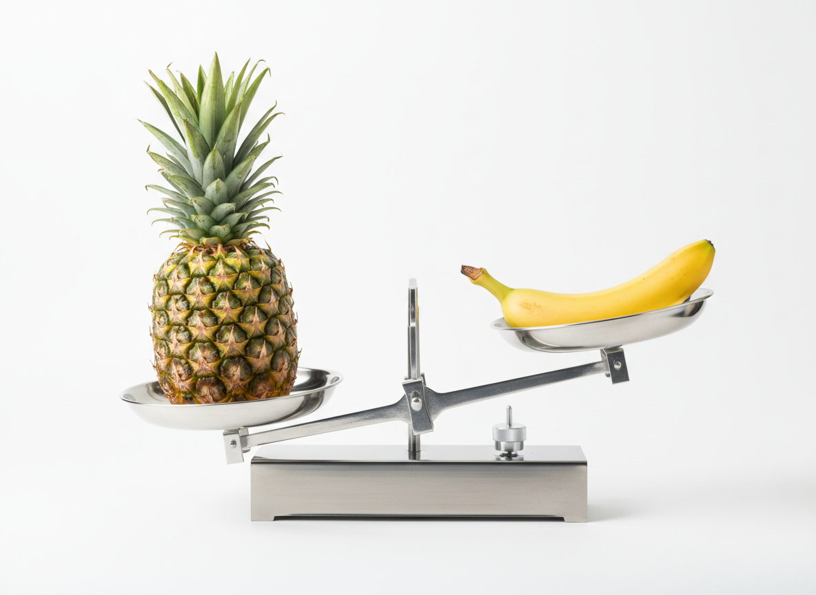 A pineapple and a banana on balance scales