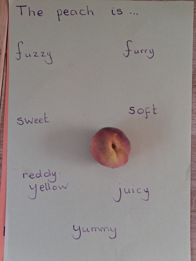 A peach with descriptive words