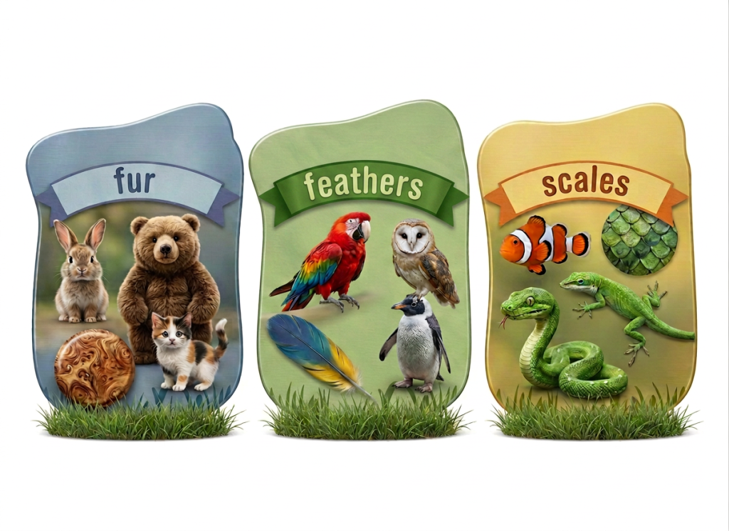 A colourful educational illustration showing a range of animals clearly sorted into three groups: animals with fur (such as a rabbit, bear, and cat), animals with feathers (such as a parrot, owl, and penguin), and animals with scales (such as a fish, snake, and lizard). Each group is visually distinct, with clear labels. Bright, child-friendly style suitable for a primary school learning resource.