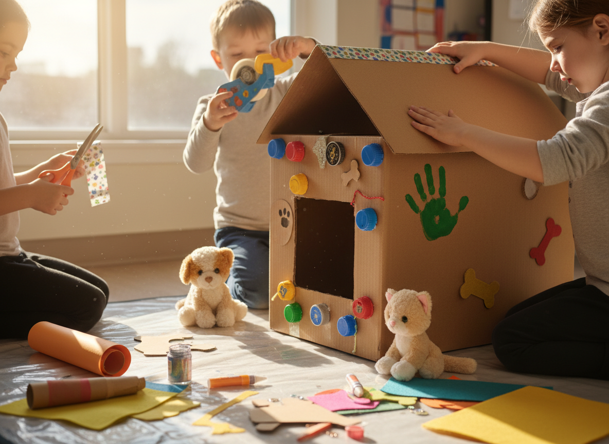 Children building a pet home from cardboard boxes and construction materials — hands and creative activity visible, no faces shown.