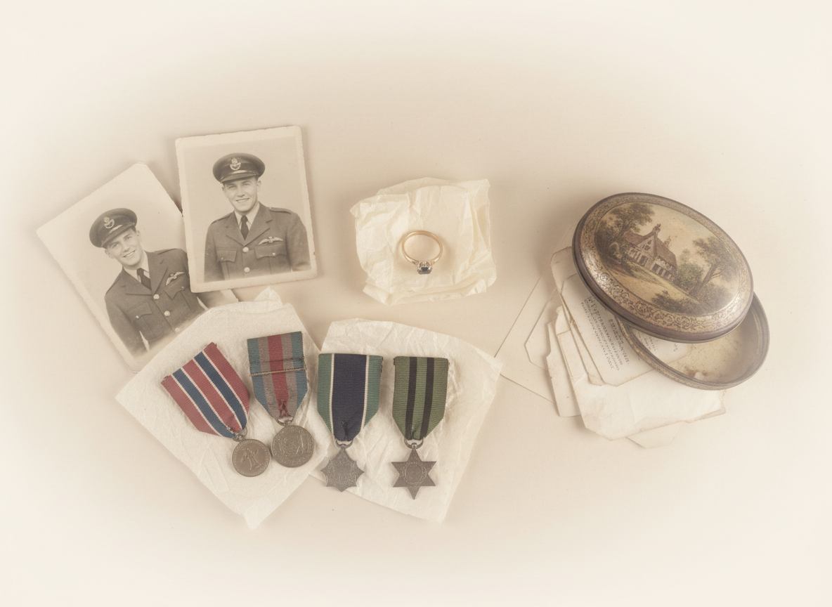 A sepia-toned arrangement of meaningful objects on a surface